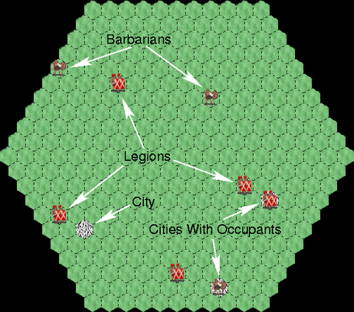 Annotated screenshot showing the objects in the Legion II game:
          legions, barbarians, and cities.