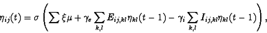 \begin{displaymath}\eta_{ij}(t) = \sigma \left( \sum \xi \mu +
\gamma_e \sum_{k...
...t-1) -
\gamma_i \sum_{k,l} I_{ij,kl} \eta_{kl}(t-1) \right) ,
\end{displaymath}