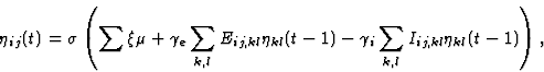 \begin{displaymath}
\eta_{ij}(t) = \sigma \left( \sum \xi \mu +
 \gamma_e \sum_{...
 ...(t-1) -
 \gamma_i \sum_{k,l} I_{ij,kl} \eta_{kl}(t-1) \right) ,\end{displaymath}
